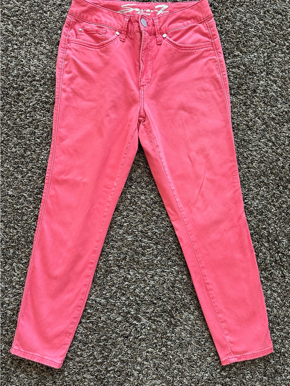Seven7 High-Rise Slim-Fit Jeans in a vibrant coral-pink size 4